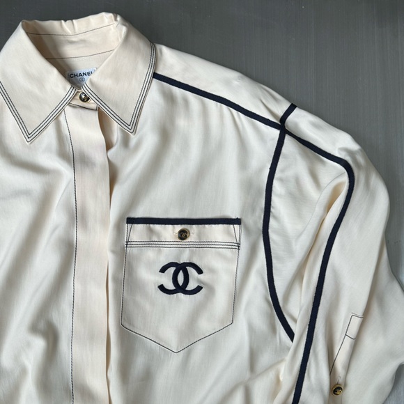 Chanel Vintage Embroidered Logo Button Down in Cream and Navy - Picture 3 of 7